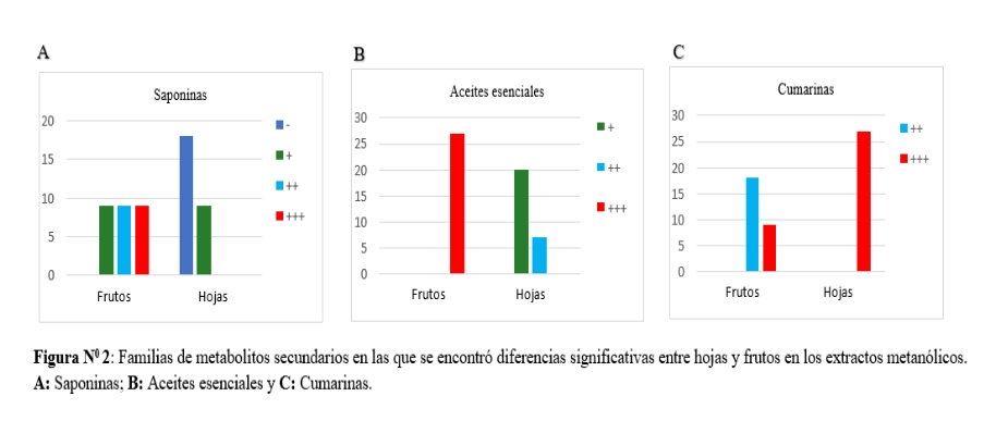 Familias de metabolitos secundarios en las que se encontró diferencias significativas entre hojas y frutos en los extractos metanólicos.