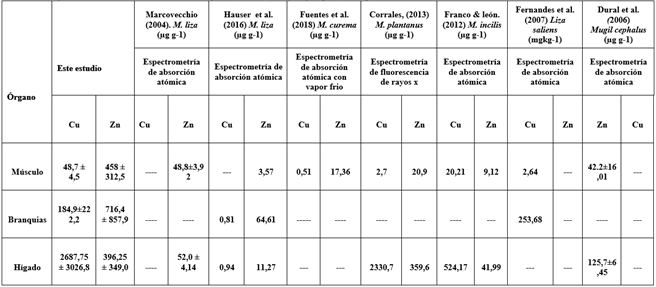 Comparación de las concentraciones de MP en tejidos (Músculo, Branquias y Hígado) en Mugil incilis.